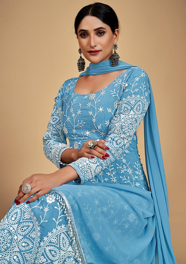 Blue Embroidered Georgette Salwar Kameez With Dupatta - Indya