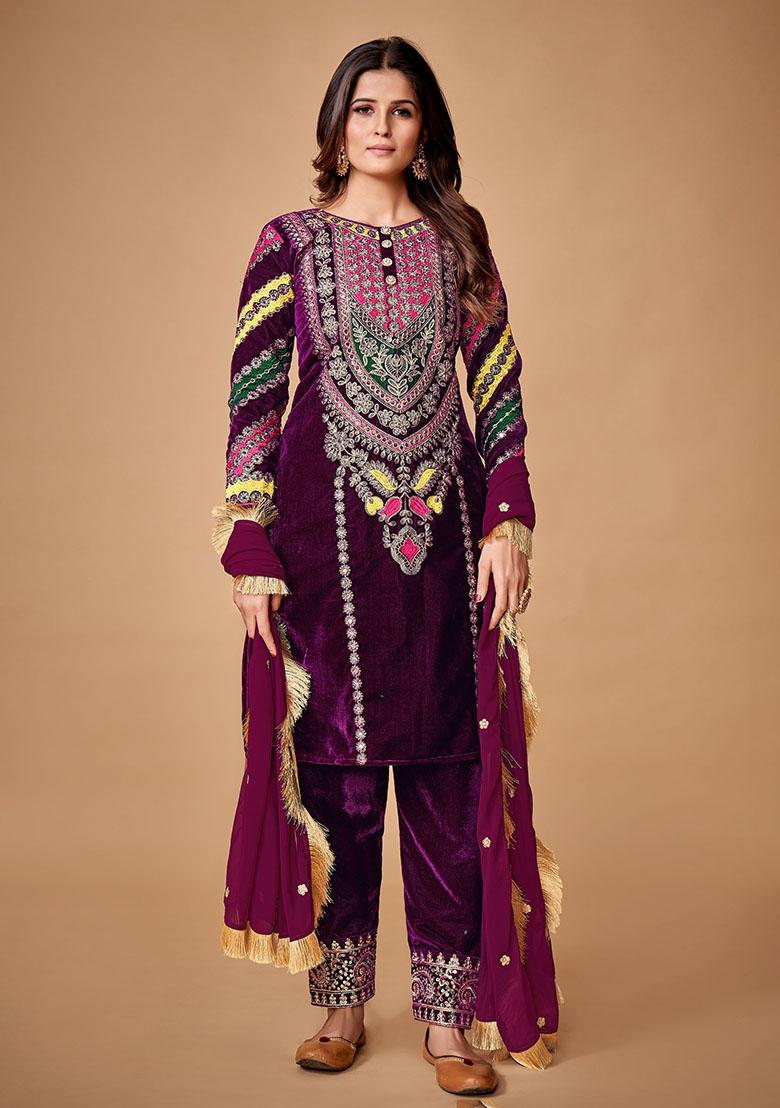 Purple Embroidered Viscose Salwar Kameez With Dupatta - Indya