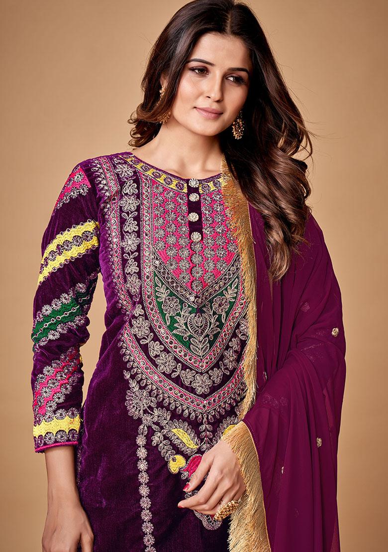 Purple Embroidered Viscose Salwar Kameez With Dupatta - Indya