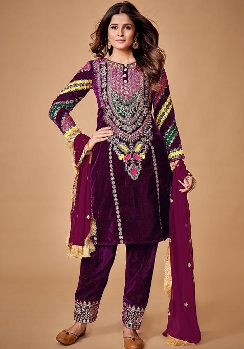 Purple Embroidered Viscose Salwar Kameez With Dupatta