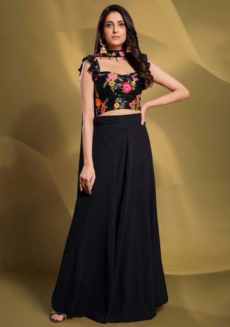 Black Embroidered Georgette Co Ord Set - Indya