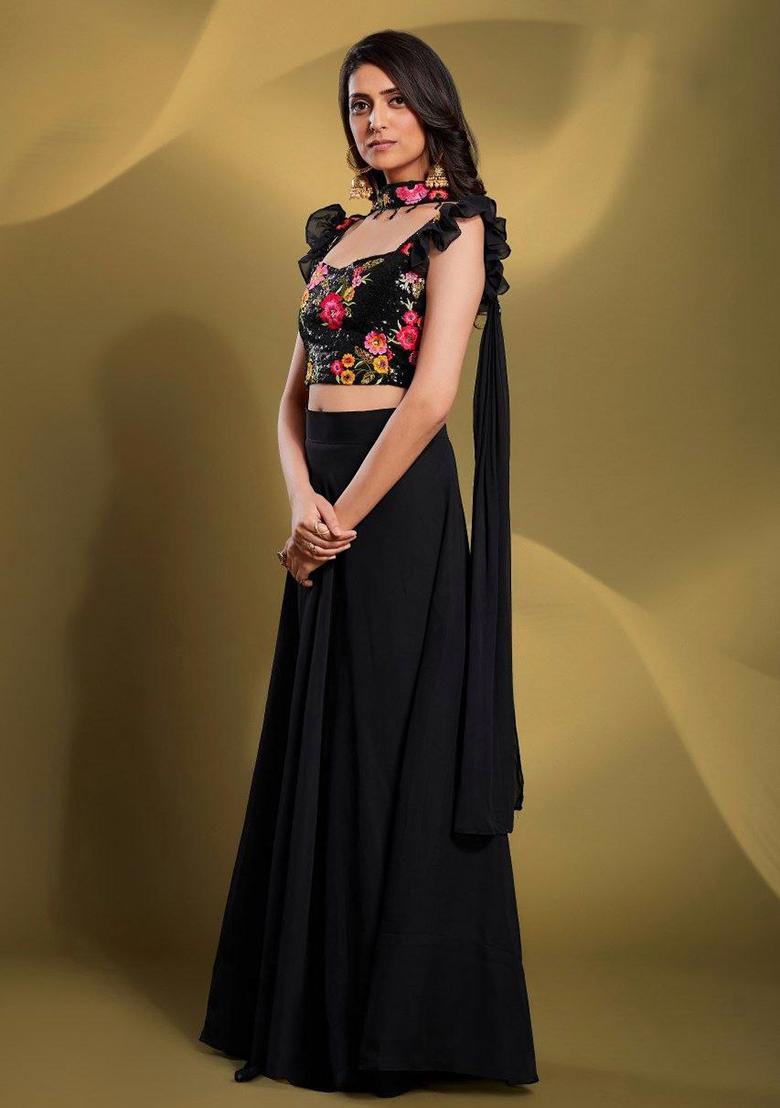 Black Embroidered Georgette Salwar Kameez - Indya