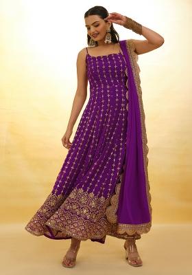 Wine Embroidered Georgette Anarkali Set