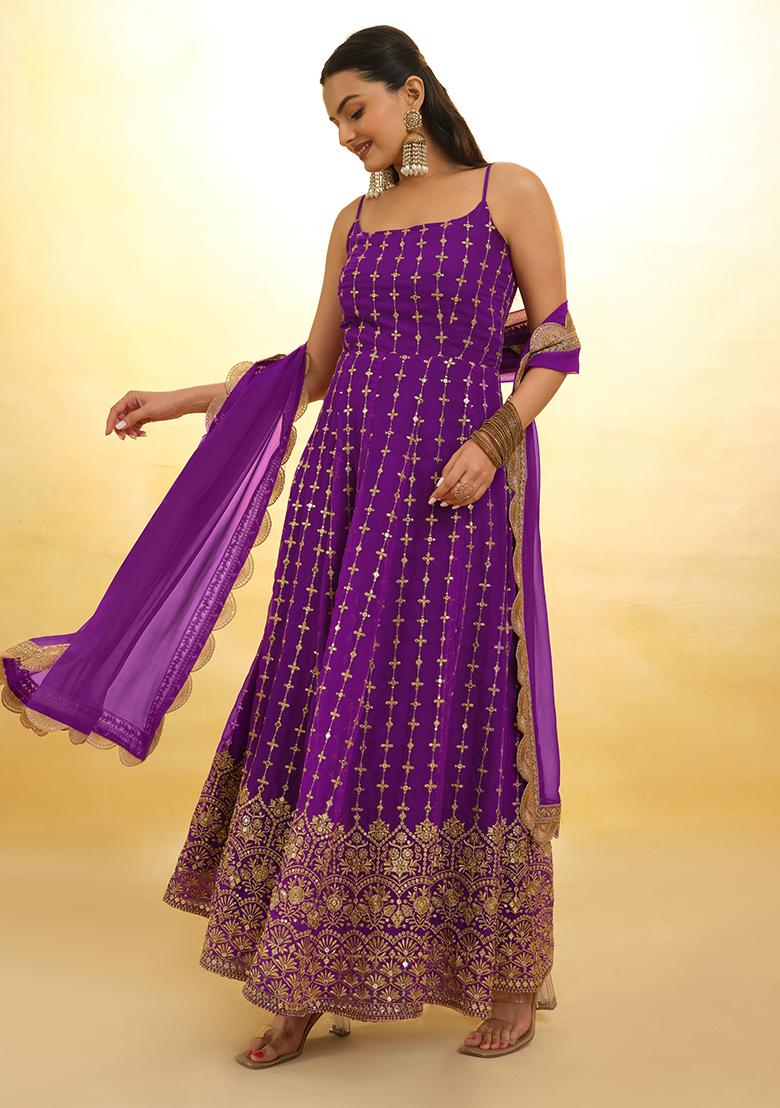 Wine Embroidered Georgette Salwar Kameez - Indya
