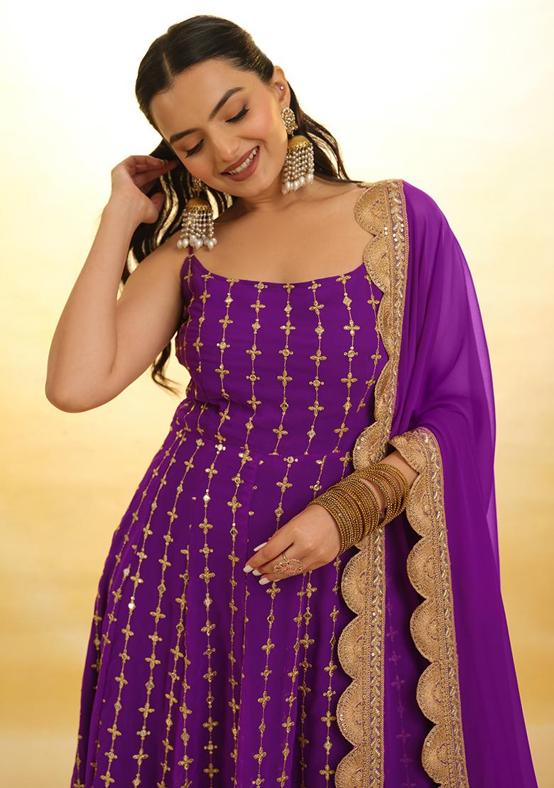 Wine Embroidered Georgette Salwar Kameez - Indya