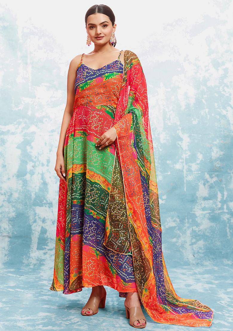 Multicolor Embroidered Georgette Gown With Dupatta