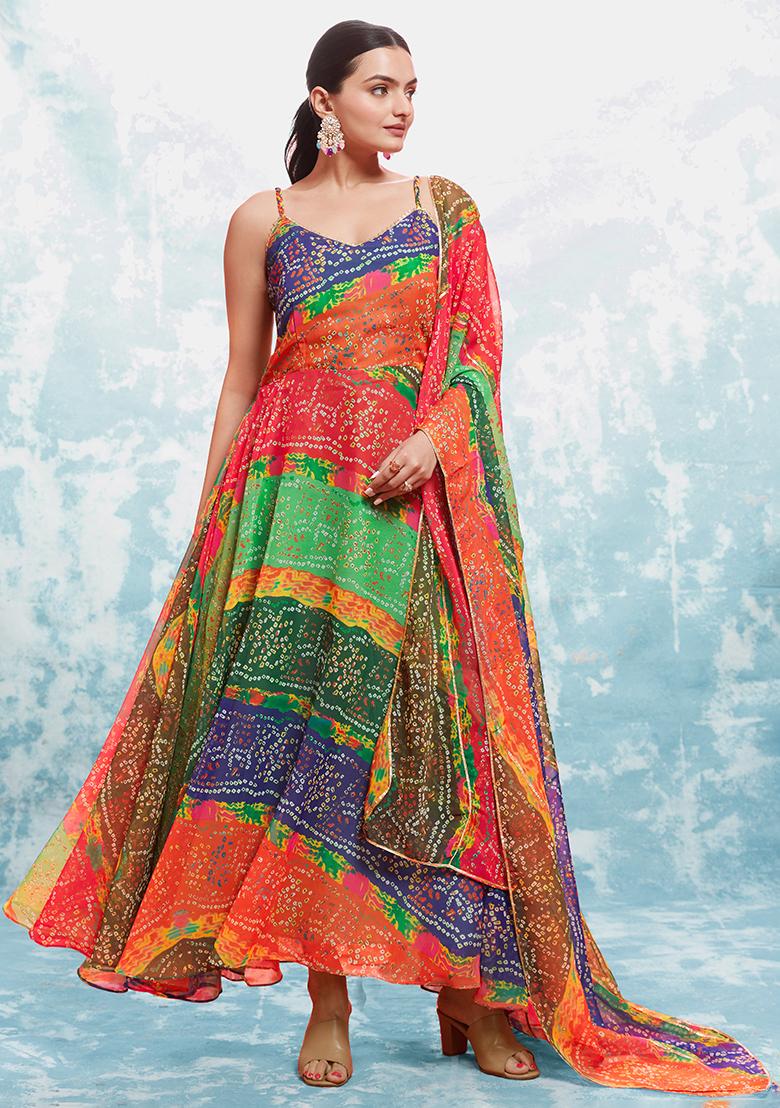 Multicolor Embroidered Georgette Gown With Dupatta