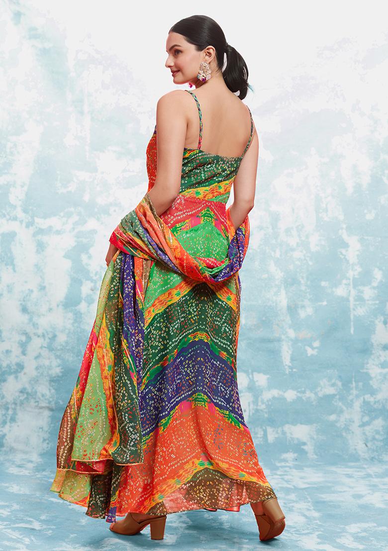 Multicolor Embroidered Georgette Gown With Dupatta