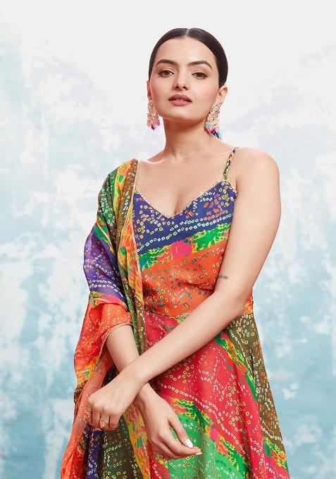 Multicolor Embroidered Georgette Gown With Dupatta