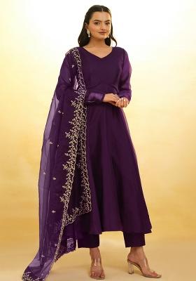 Wine Embroidered Organza Sharara Set With Dupatta