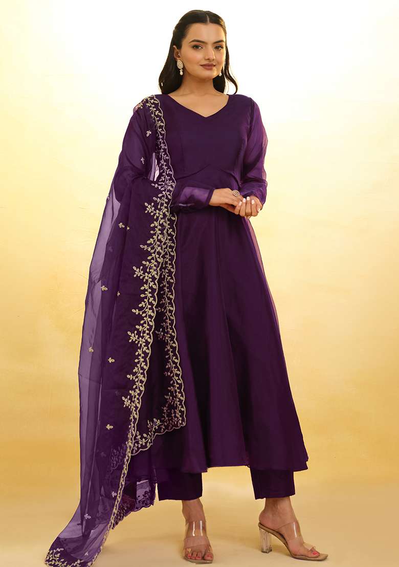 Wine Embroidered Organza Anarkali Set - Indya