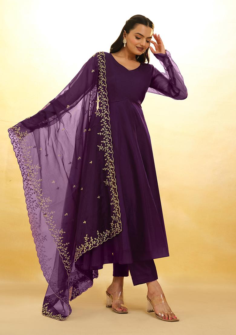 Wine Embroidered Organza Sharara Set With Dupatta - Indya