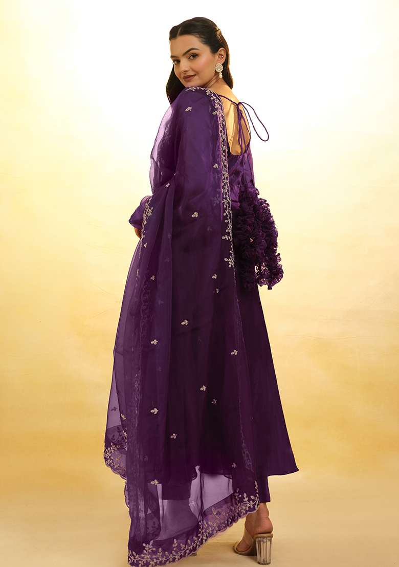 Wine Embroidered Organza Anarkali Set - Indya