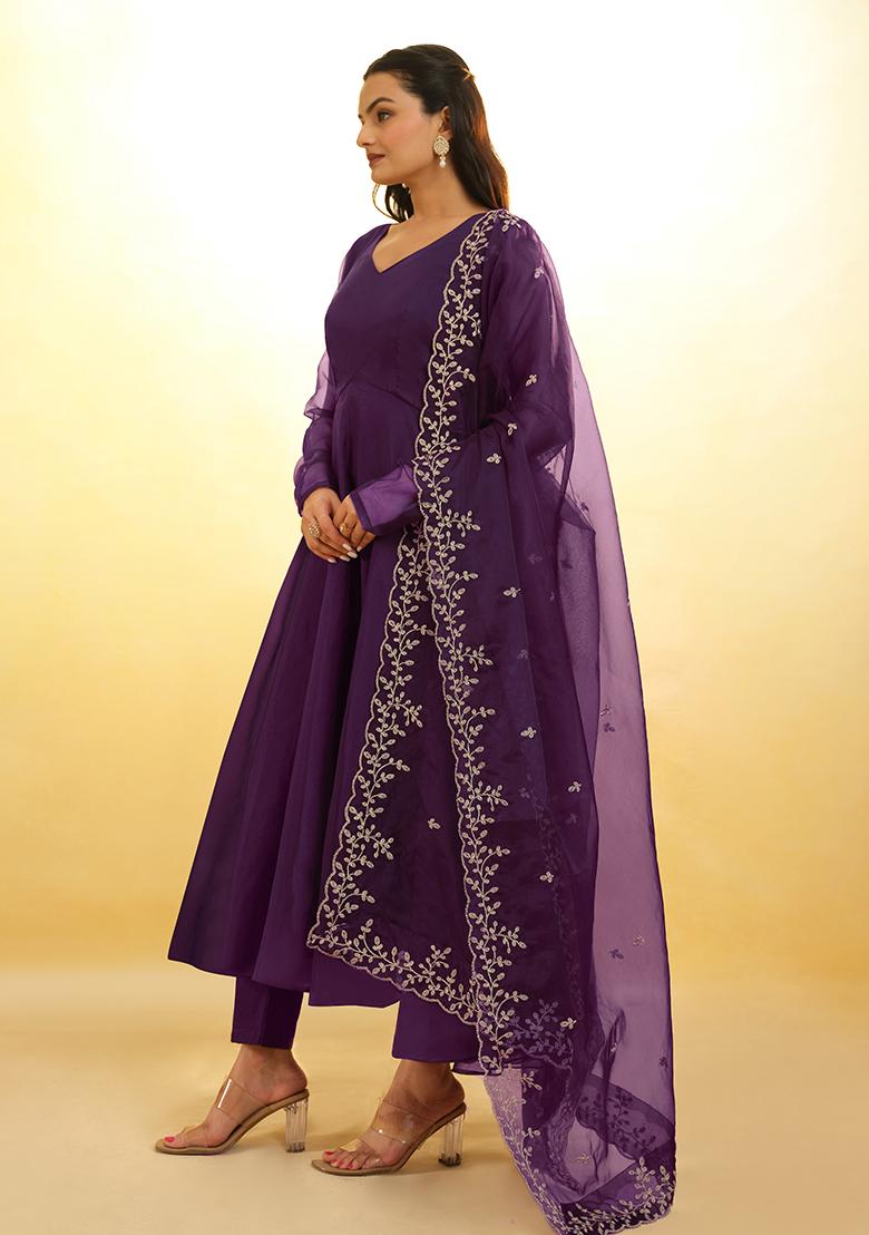 Wine Embroidered Organza Sharara Set With Dupatta - Indya