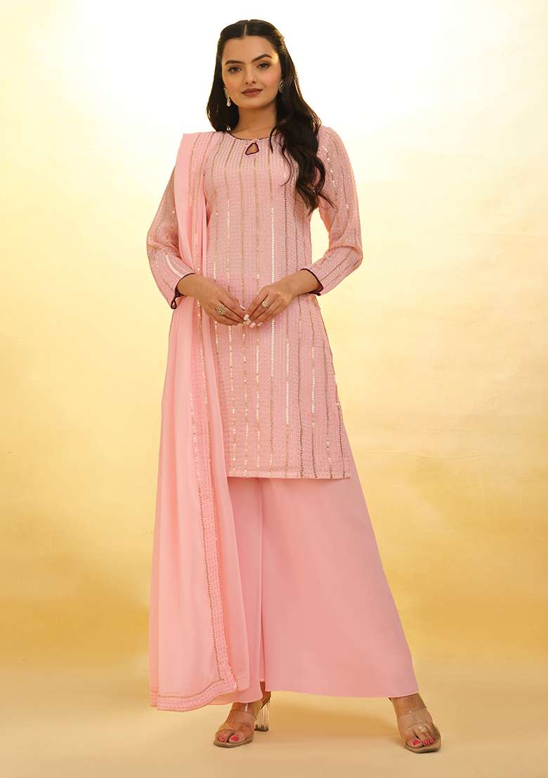 Pink Sequin Work Georgette Straight Kurta Set - Indya