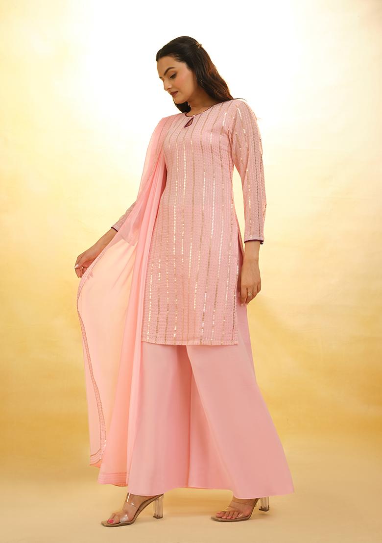 Pink Embroidered Georgette Sharara Set With Dupatta - Indya