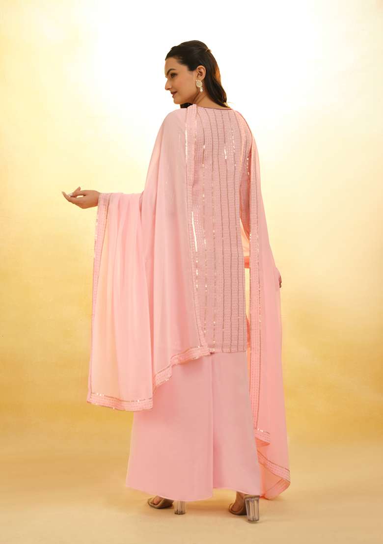 Pink Sequin Work Georgette Straight Kurta Set - Indya