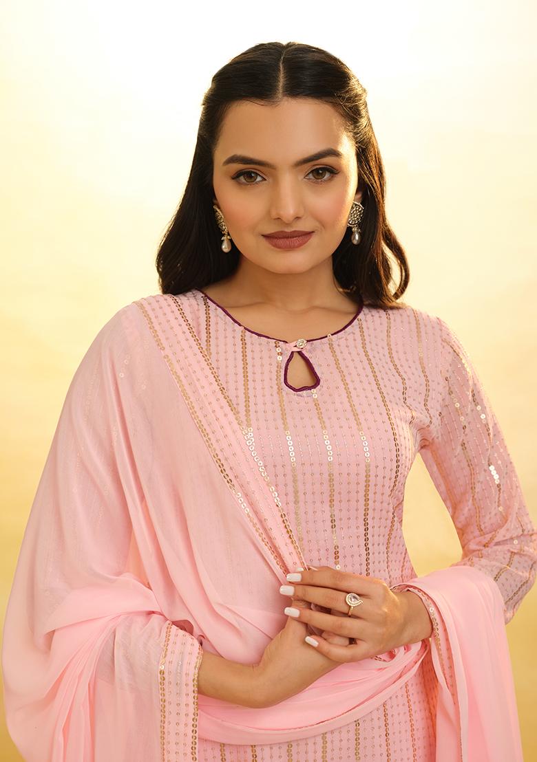 Pink Embroidered Georgette Sharara Set With Dupatta - Indya