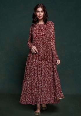 Maroon Embroidered Georgette Gown With Dupatta