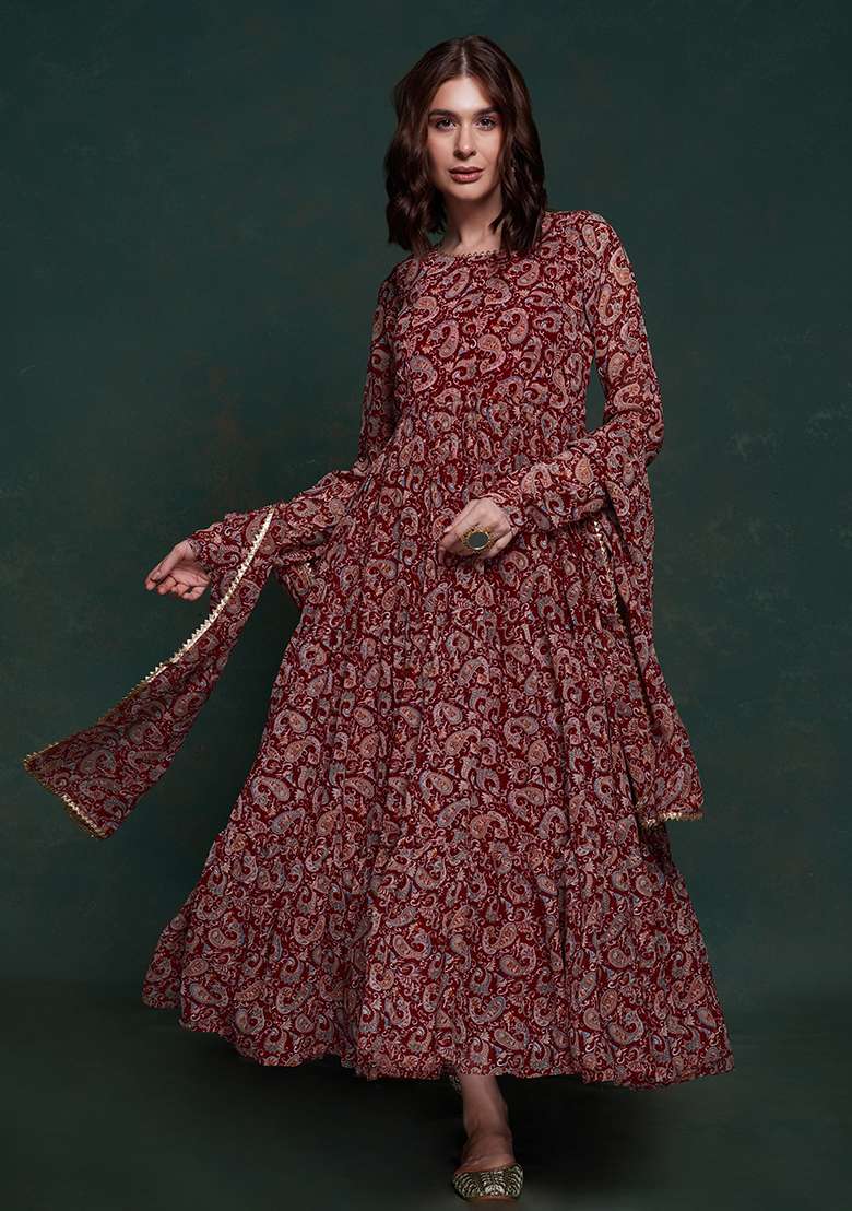 Maroon Georgette Anarkali Set with Printed for Diwali | Wedding & Festive Wear - Indya