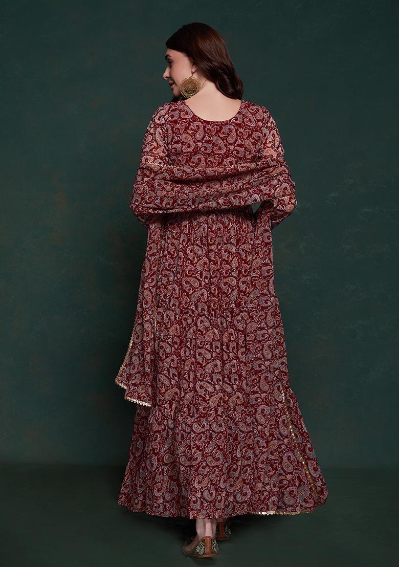 Maroon Embroidered Georgette Gown With Dupatta - Indya