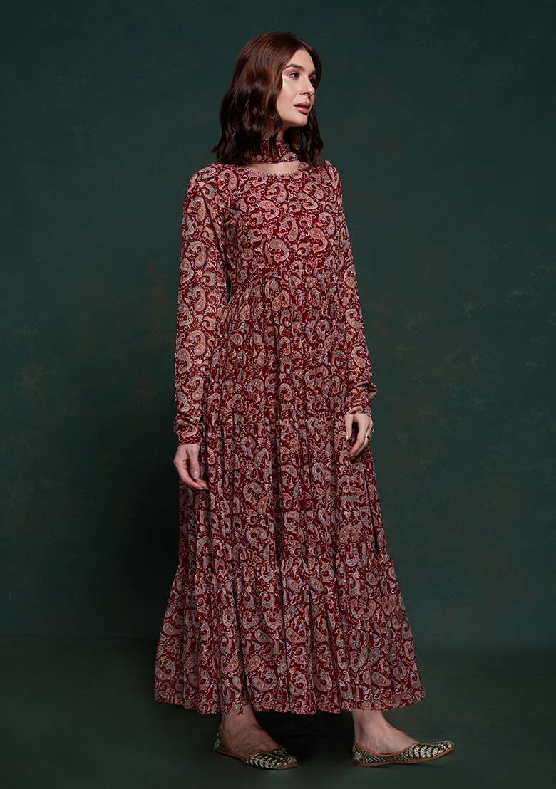 Maroon Georgette Anarkali Set with Printed for Diwali | Wedding & Festive Wear - Indya