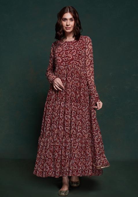 Maroon Embroidered Georgette Gown With Dupatta
