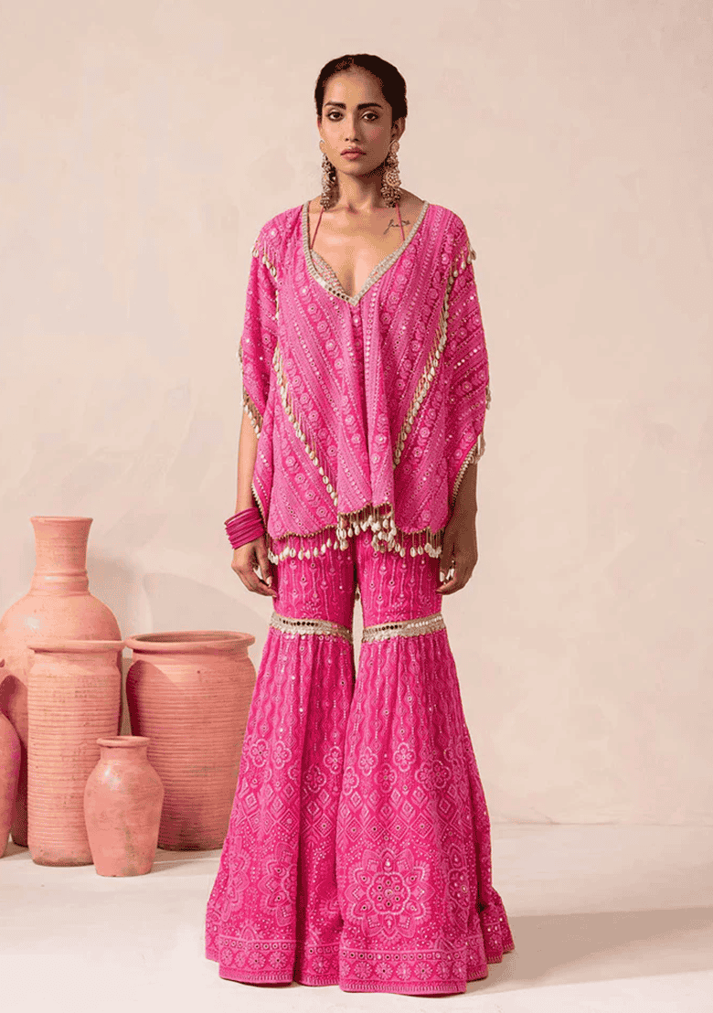 Pink Embroidered Georgette Sharara Set With Dupatta - Indya