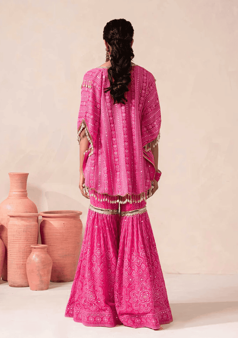 Pink Embroidered Georgette Sharara Set With Dupatta - Indya