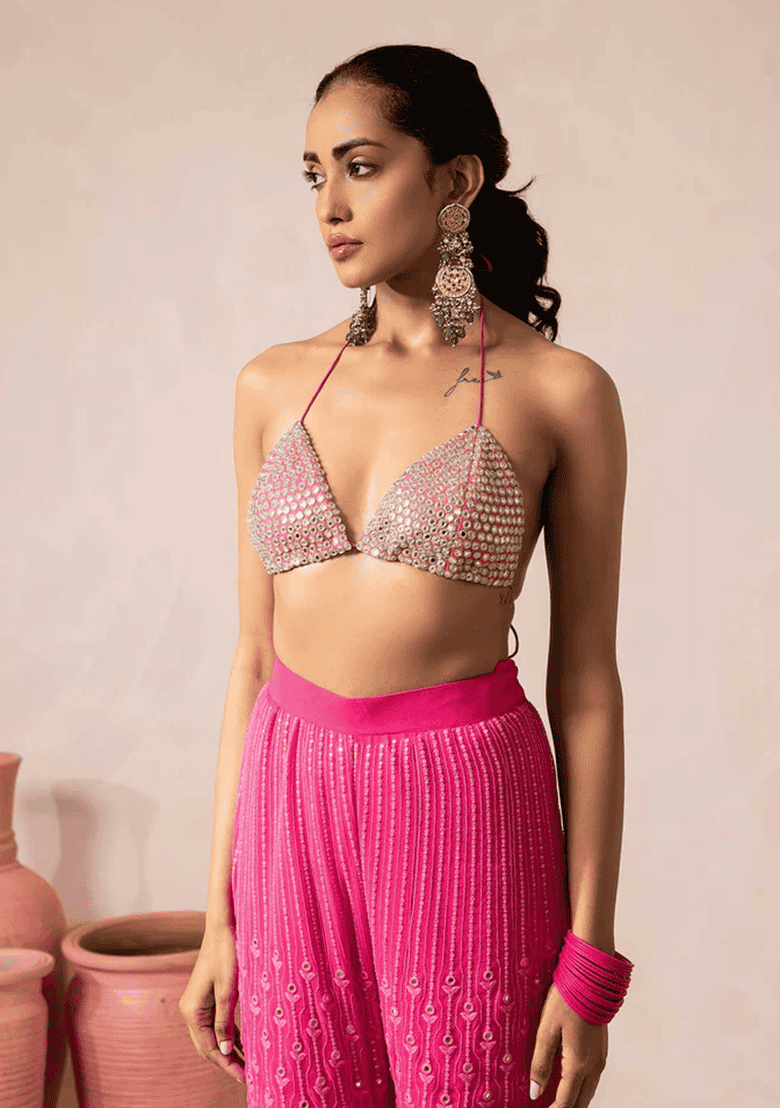 Pink Embroidered Georgette Sharara Set With Dupatta - Indya