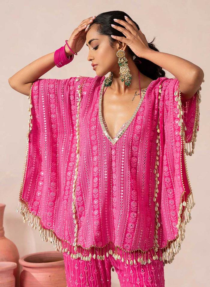 Pink Embroidered Georgette Sharara Set With Dupatta - Indya