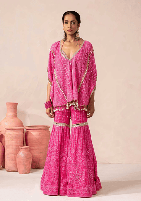 Pink Embroidered Georgette Sharara Set With Dupatta