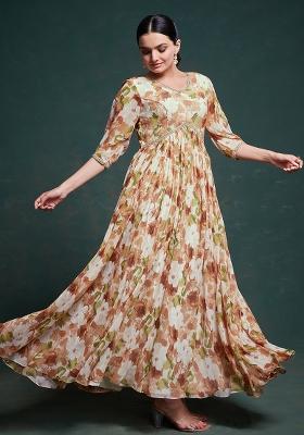 Multicolor Embroidered Chiffon Gown With Dupatta