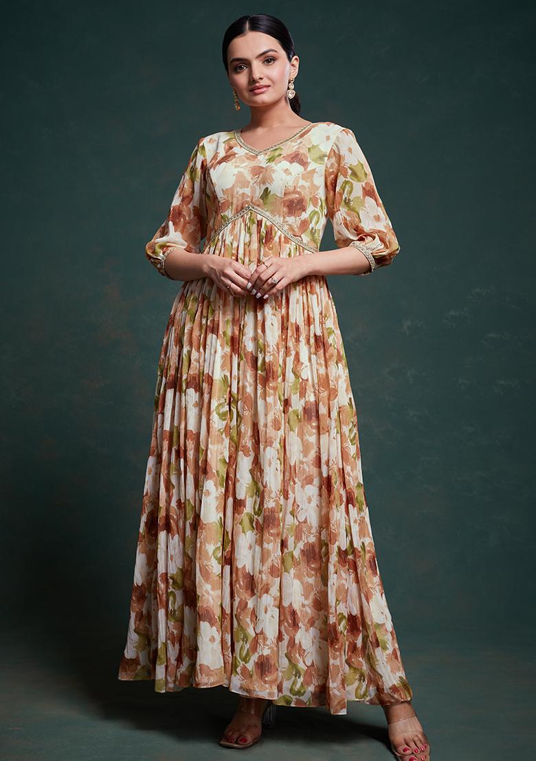 Multicolor Embroidered Chiffon Gown With Dupatta - Indya