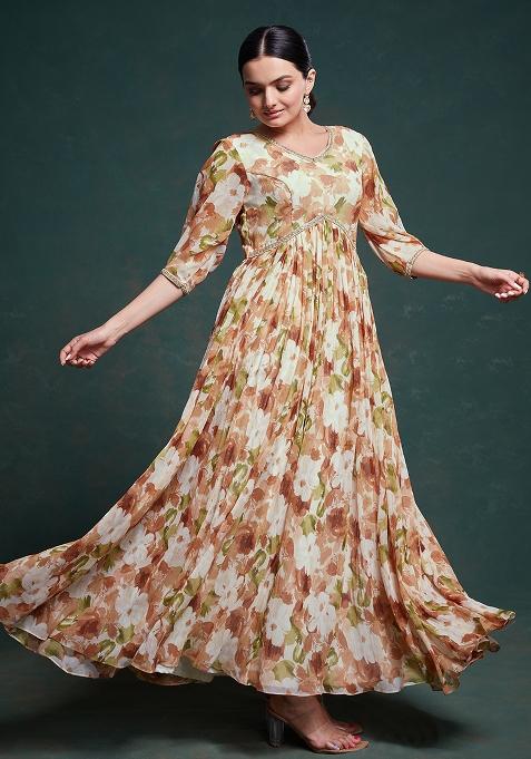 Multicolor Embroidered Chiffon Gown With Dupatta