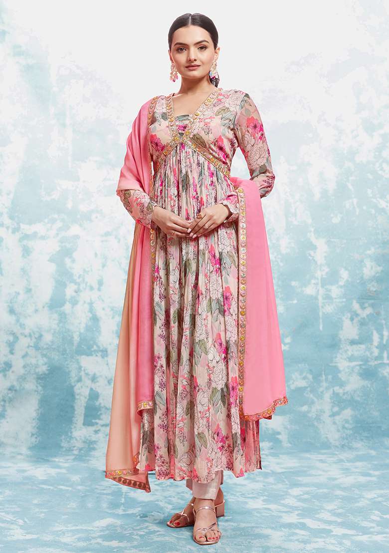 Pink Embroidered Georgette Anarkali Set - Indya