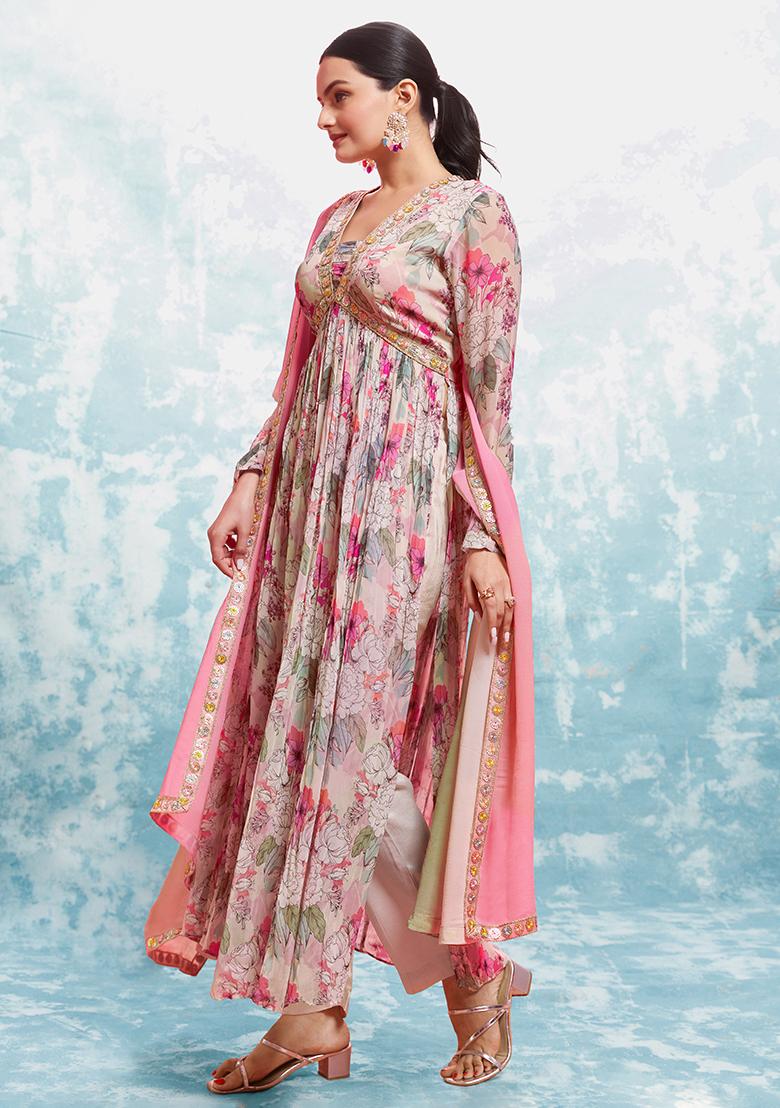 Pink Embroidered Georgette Salwar Kameez With Dupatta - Indya