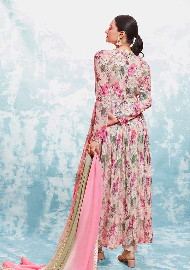 Pink Embroidered Georgette Anarkali Set - Indya