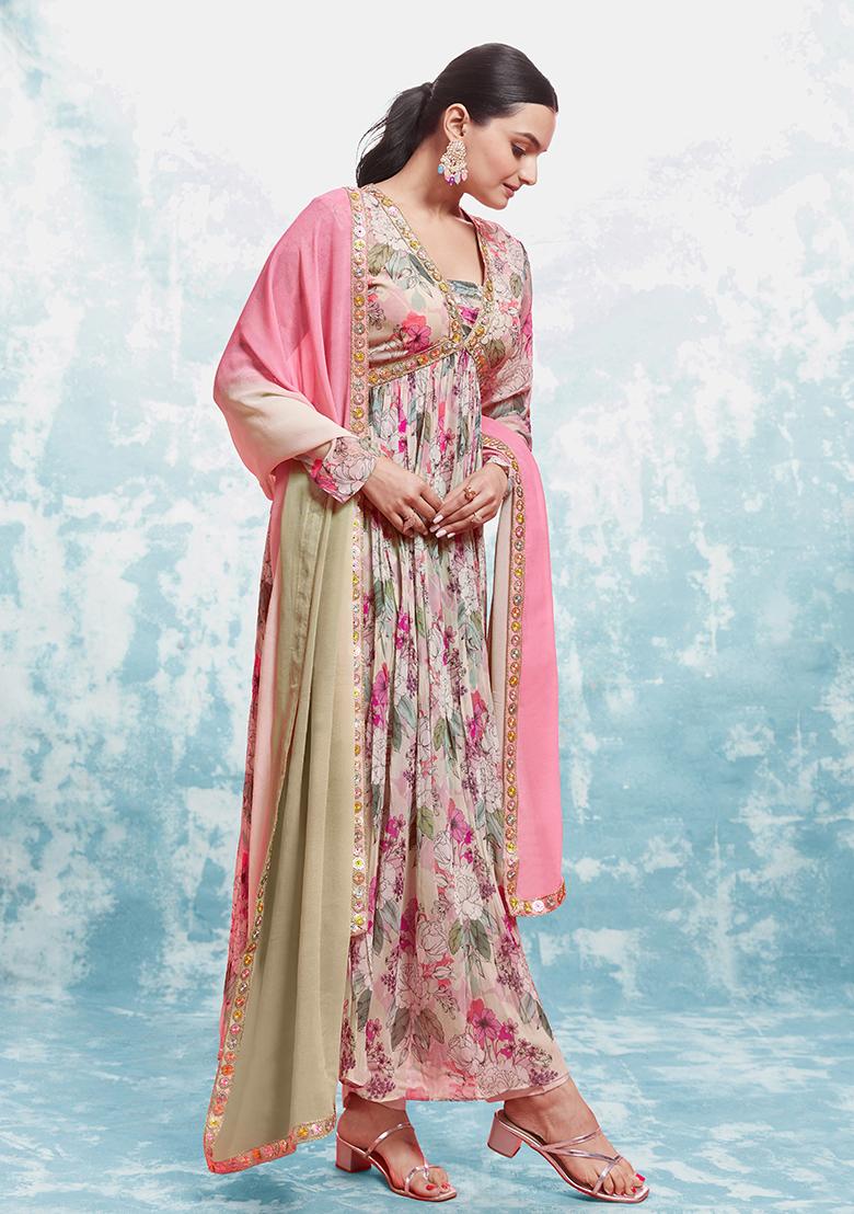 Pink Embroidered Georgette Salwar Kameez With Dupatta - Indya