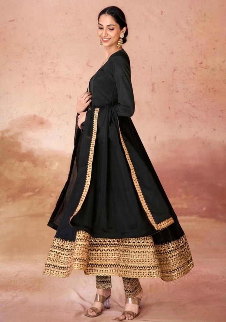 Black Embroidered Crepe Salwar Kameez With Dupatta - Indya