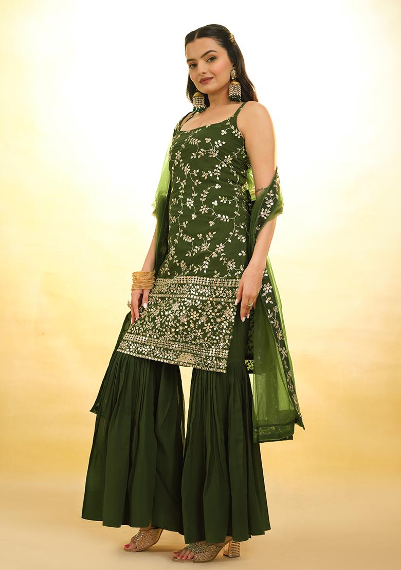 Green Embroidered Georgette Sharara Set With Dupatta
