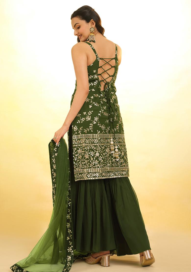 Green Embroidered Georgette Sharara Set With Dupatta