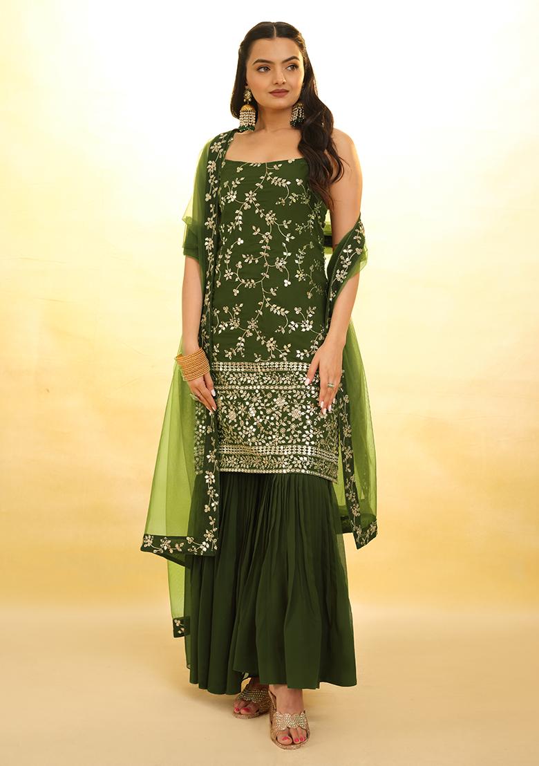 Green Embroidered Georgette Sharara Set With Dupatta - Indya