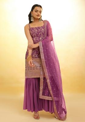 Purple Embroidered Georgette Sharara Set With Dupatta