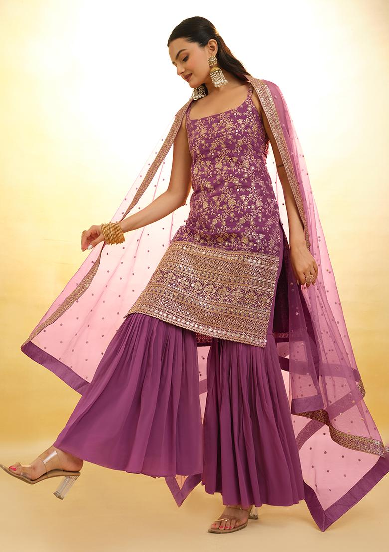 Purple Embroidered Georgette Sharara Set With Dupatta - Indya