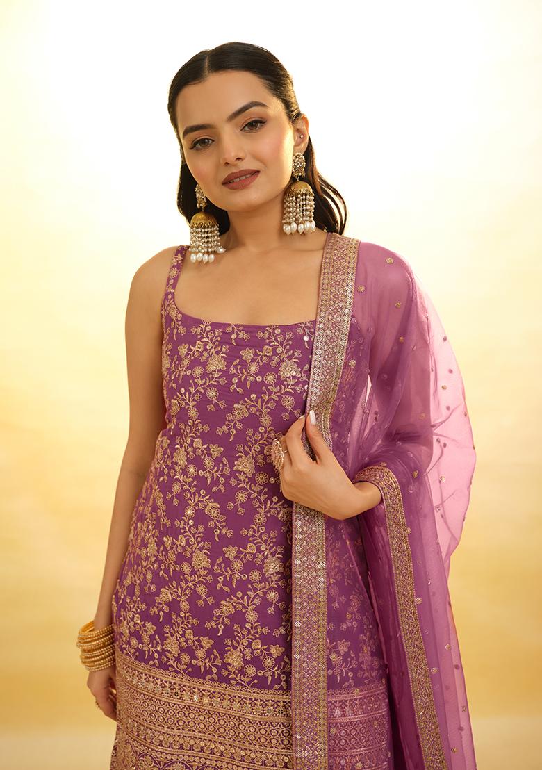 Purple Embroidered Georgette Sharara Set With Dupatta - Indya