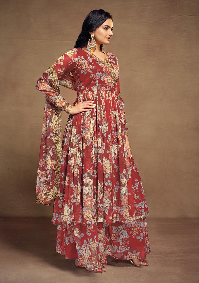 Red Embroidered Chiffon Salwar Kameez With Dupatta - Indya