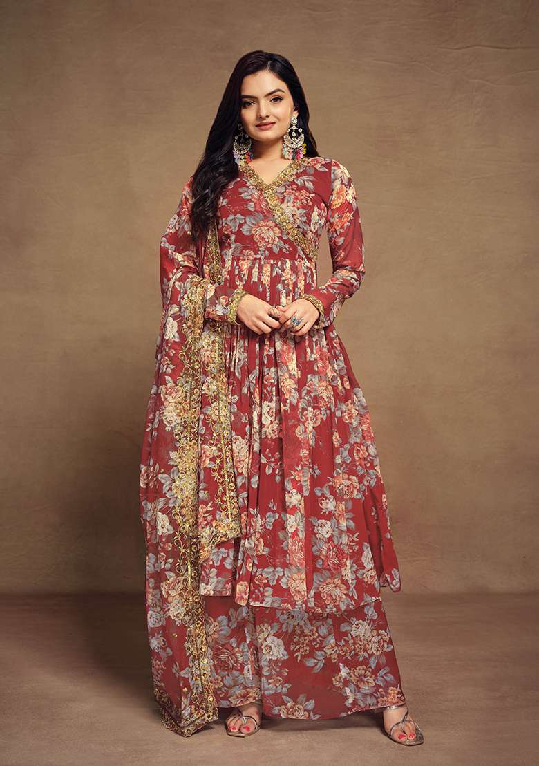 Red Floral Print Chiffon Sharara Set - Indya