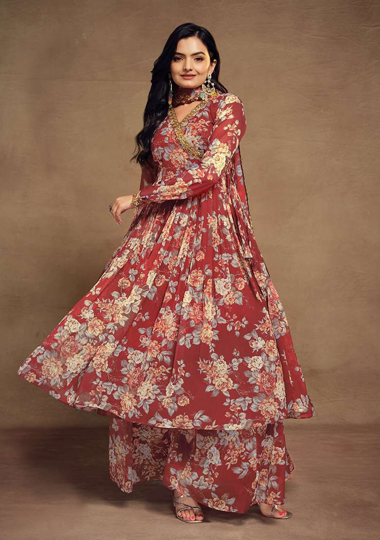 Red Floral Print Chiffon Sharara Set - Indya