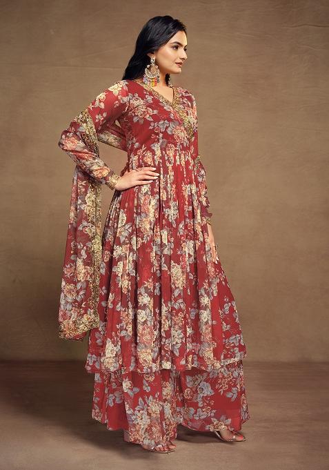 Red Embroidered Chiffon Salwar Kameez With Dupatta